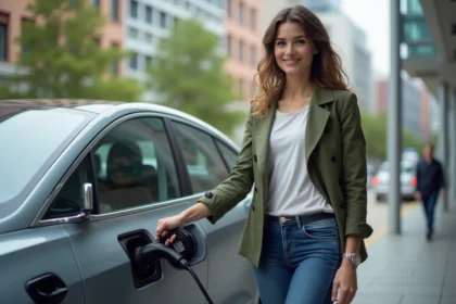 Femme élégante débranchant une voiture électrique en ville