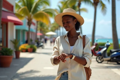 Femme noire regardant sa montre près de palmier en Guadeloupe