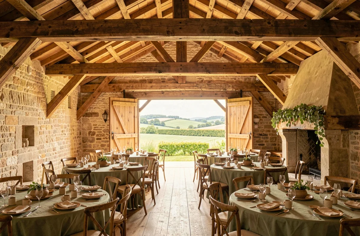 Salle de réception de La Ferme aux Trois Granges dans la Loire avec poutres apparentes et décor champêtre