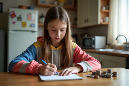 Jeune fille de 12 ans comptant des pièces de monnaie