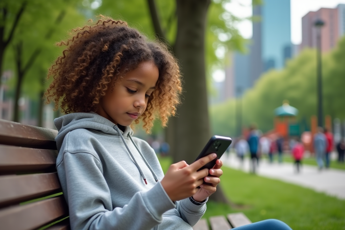 Adolescente utilise son smartphone sur un banc de parc