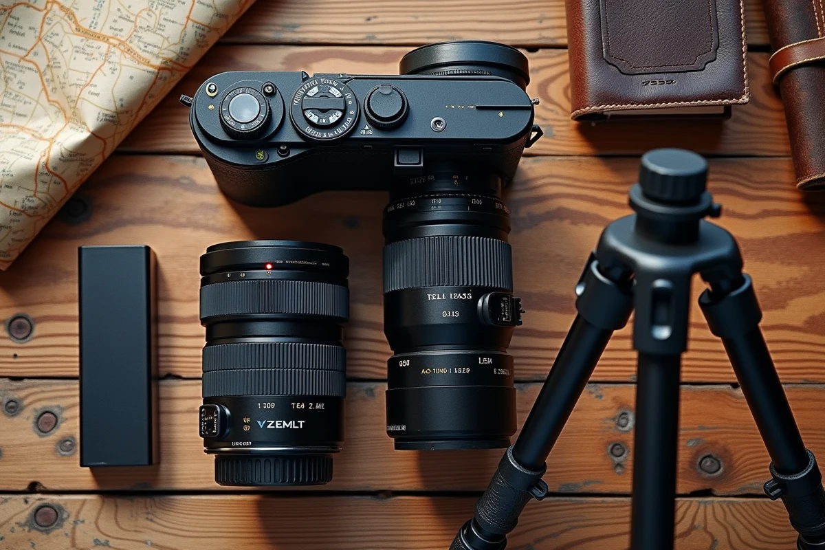 Flat lay d'équipement photographique pour le voyage incluant appareil photo, objectifs et accessoires