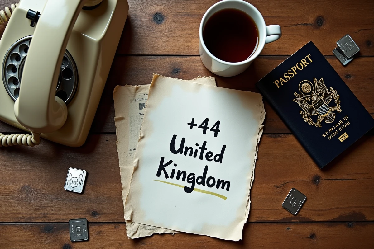 Vue de dessus d'un bureau avec téléphone vintage, note manuscrite du code +44 Royaume-Uni, passeport et cartes SIM internationales