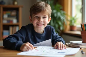Jeune garçon de 7 ans organise des pages de coloriage