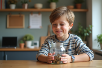 Garçon souriant comptant des pièces dans un verre à la maison