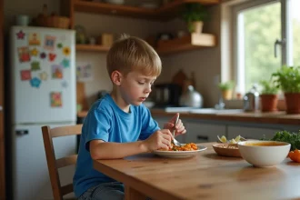 Garçon de 7 ans mangeant une soupe maison dans la cuisine