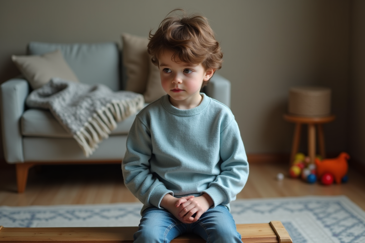 Jeune garçon vulnérable assis seul sur un banc