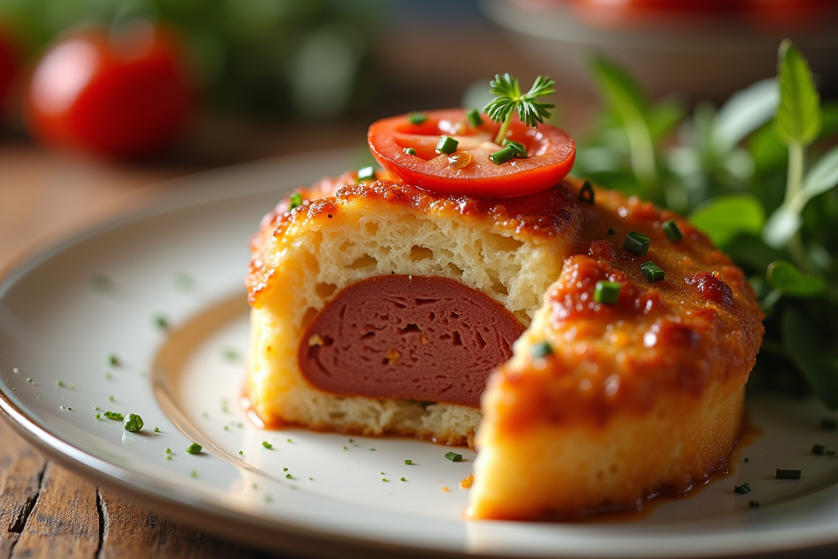 Gâteau au chorizo espagnol en gros plan sur assiette blanche