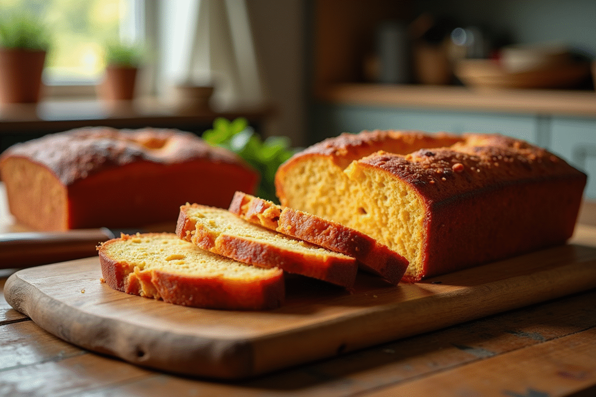 Gâteau au chorizo tranché sur table en bois rustique