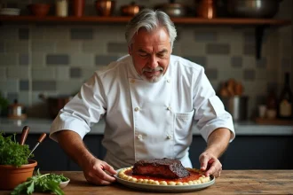 plat de côte de bœuf confit sur une table rustique en automne