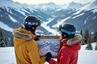 Carte des stations de ski en France avec pistes et panoramas enneigés