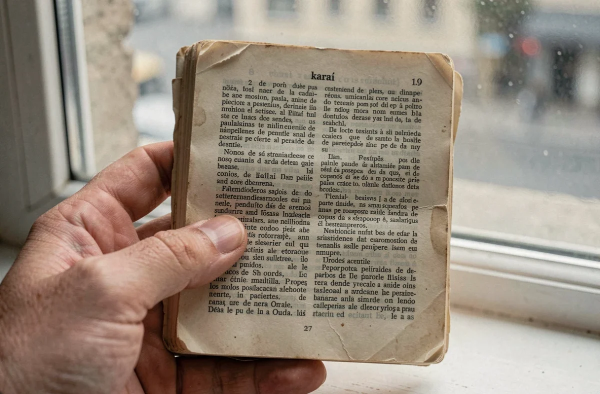 Gros plan sur une main tenant un dictionnaire portugais-français usé ouvert sur le mot karaï avec une page jaunie par l'usage