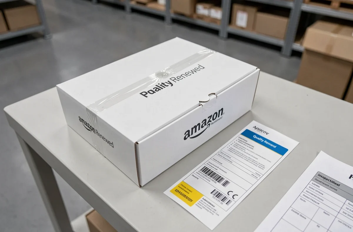 Gros plan d'un ordinateur portable reconditionné dans un carton Amazon Renewed avec checklist de contrôle qualité sur un établi d'entrepôt
