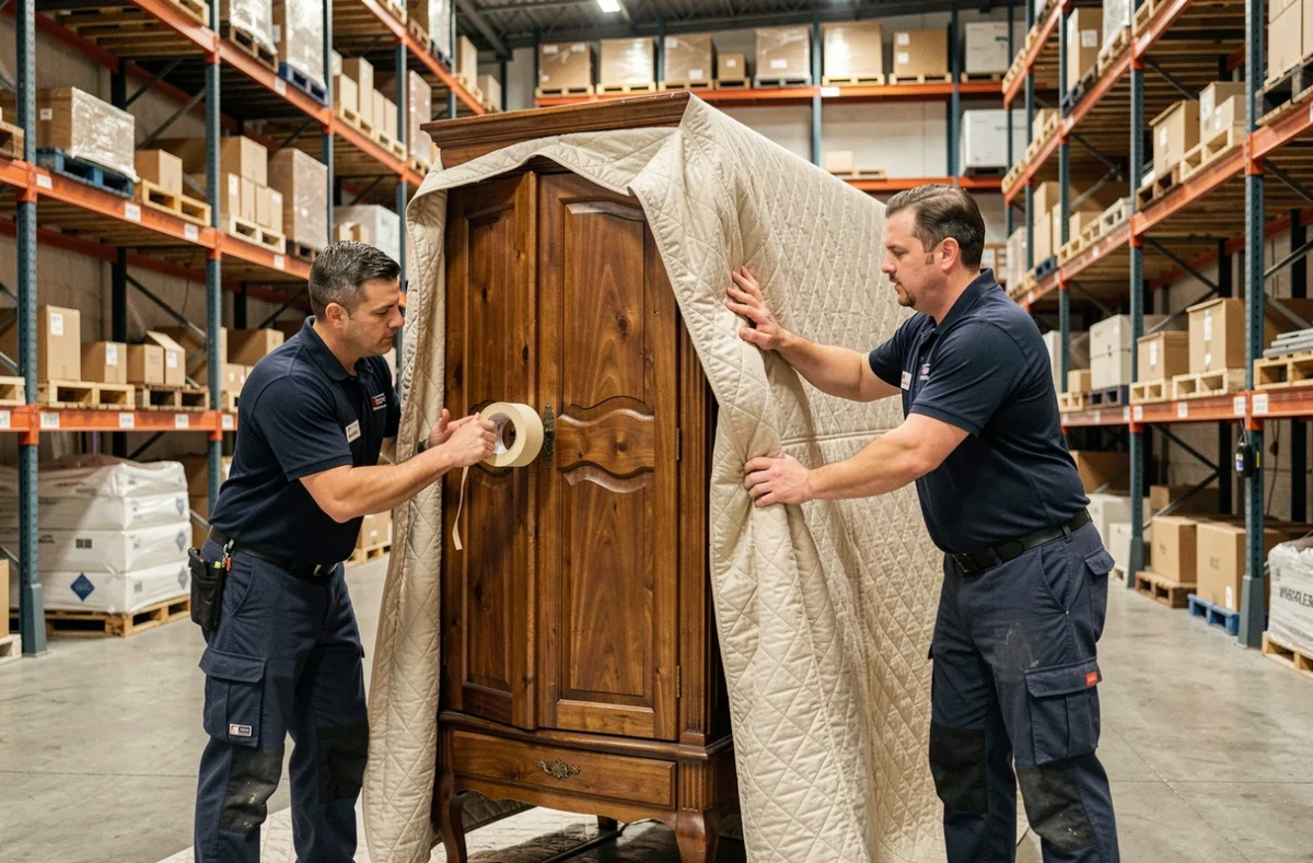 Déménageurs de Grospiron International Lille emballant soigneusement un meuble ancien dans un entrepôt professionnel