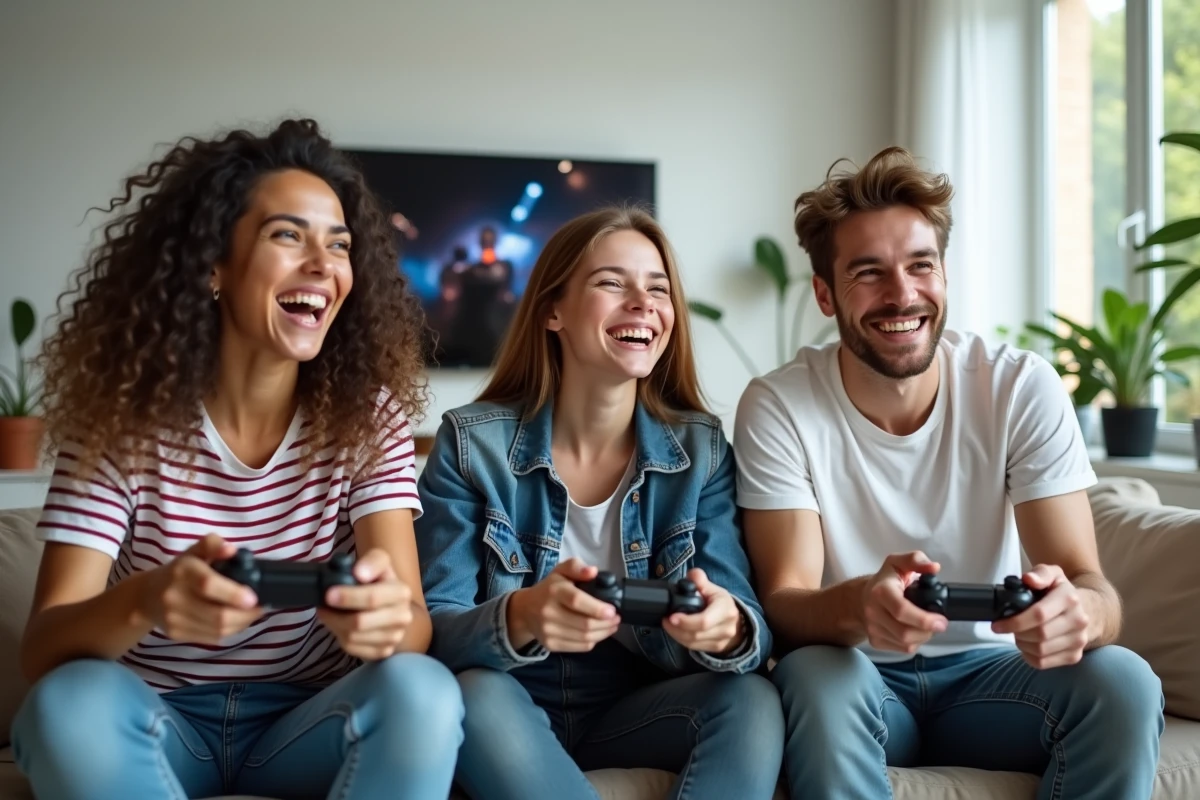Groupe d'amis jouant à Fortnite ensemble dans un salon moderne, tenant des manettes de jeu vidéo