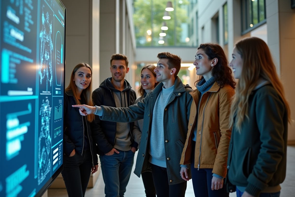 Groupe d etudiants discutant autour d un diagramme AI en classe