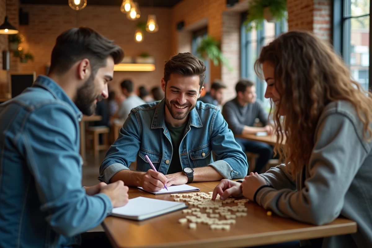 Groupe de personnes jouant à un jeu de lettres dans un café pour créer des anagrammes et trouver le mot le plus long