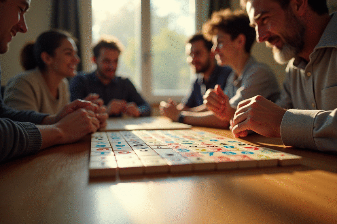 Groupe de personnes jouant au rummikub autour d'une table