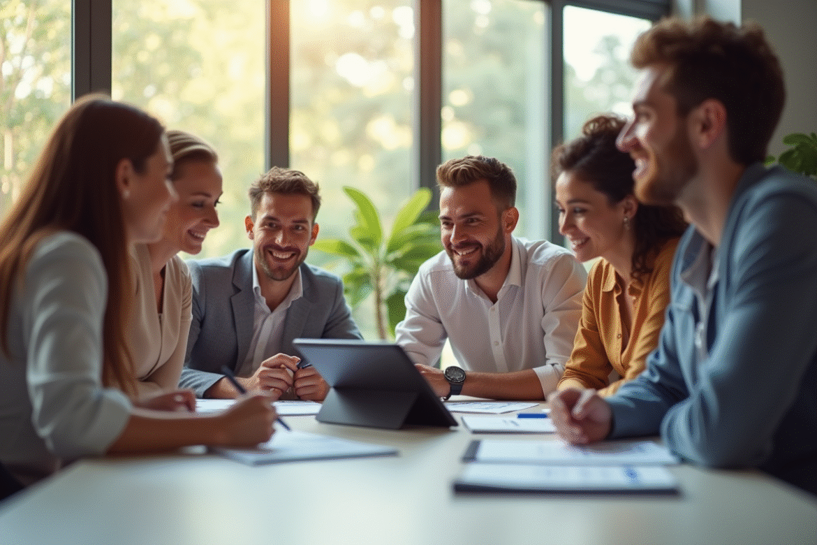 Groupe de professionnels collaborant autour d'une table lumineuse