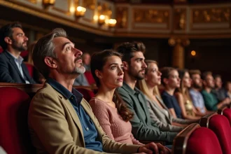 Groupe de spectateurs anxieux dans le balcon du théâtre Mogador
