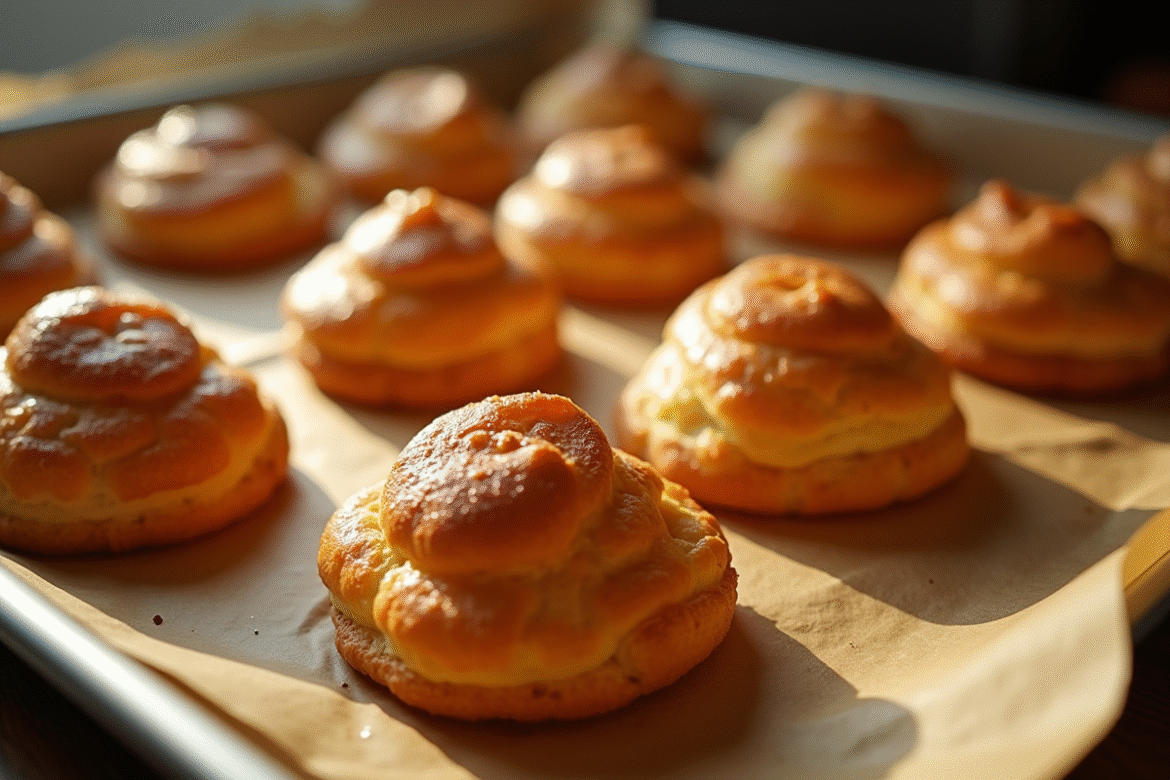 Plateau de choux dorés fraîchement cuits en gros plan