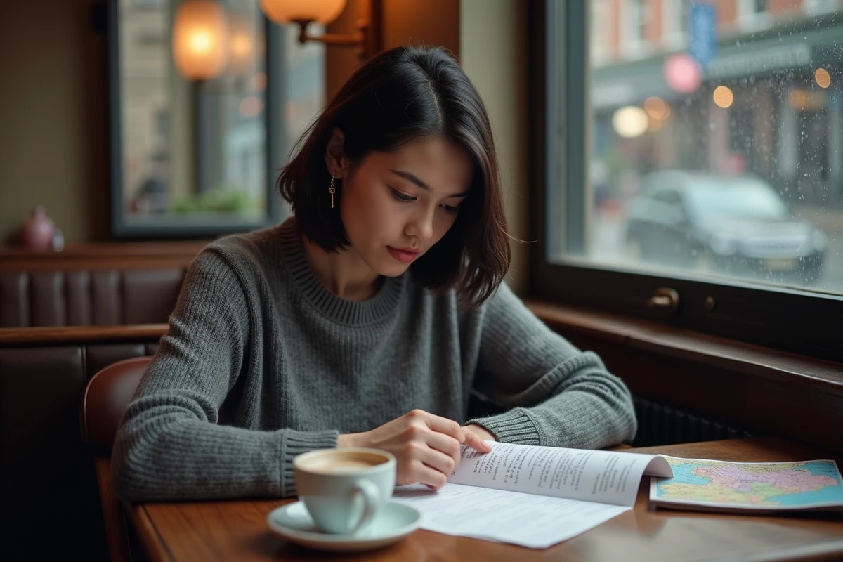 Femme consultant un guide des indicatifs téléphoniques internationaux dans un café britannique typique sous la pluie