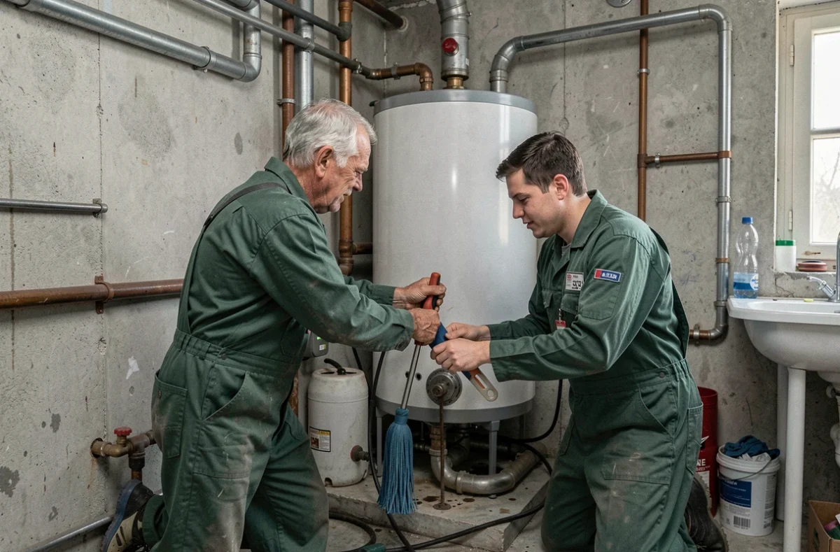 Deux plombiers Guignery Fils travaillant ensemble sur le remplacement d'un chauffe-eau dans une chaufferie résidentielle