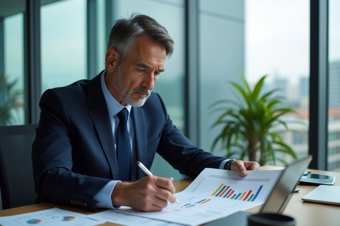 Homme d'affaires en costume bleu analyse un graphique financier