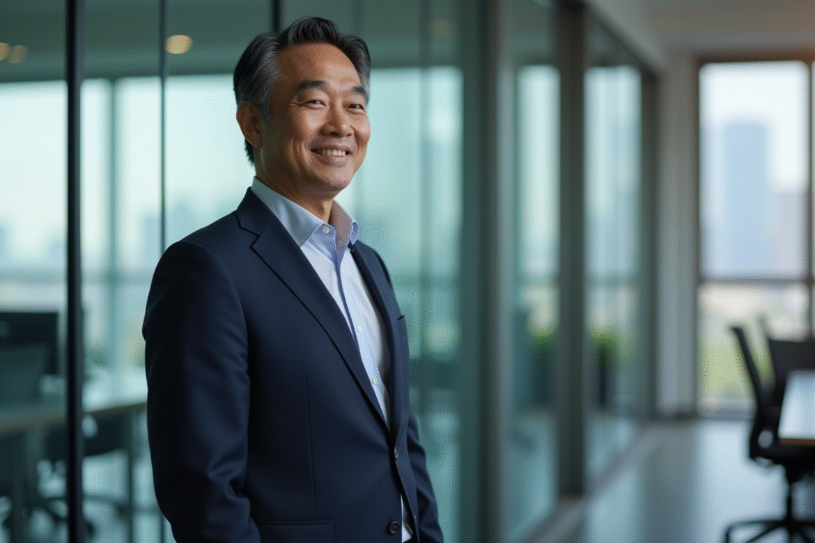 Homme d'affaires asiatique en costume dans un bureau moderne