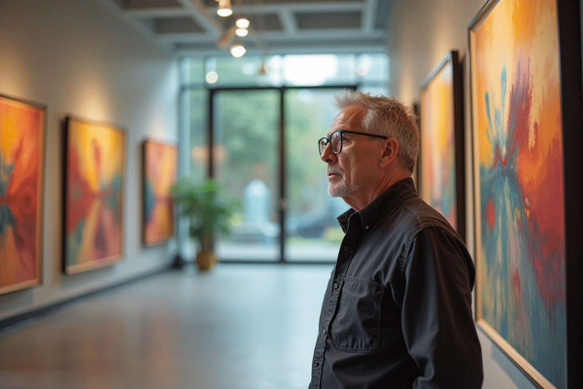 Homme d'âge moyen regardant des peintures abstraites dans une galerie