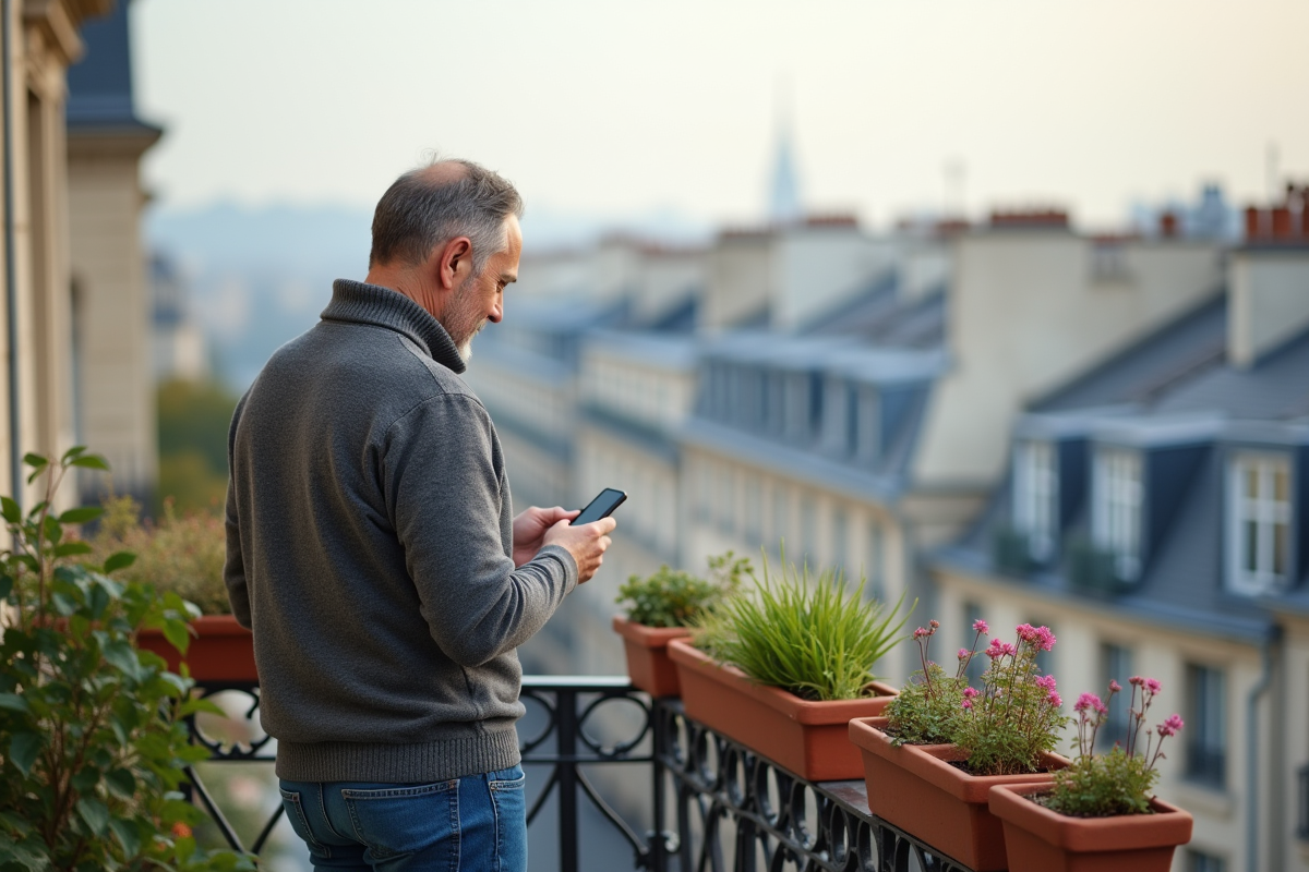 Homme regardant la ville depuis un balcon parisien