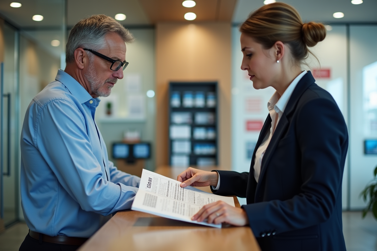 Homme au comptoir de banque avec un professionnel