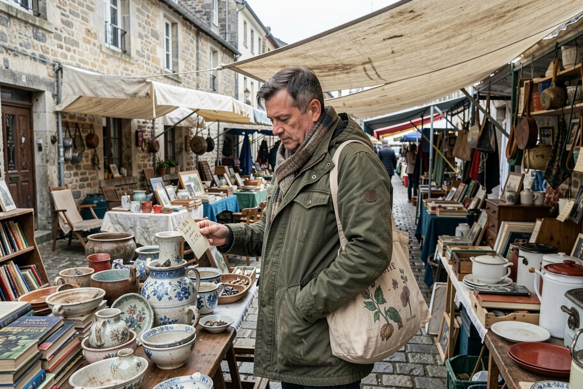 Homme parcourant les étals d'une braderie traditionnelle dans le Nord, découvrant des objets de brocante grâce aux alertes Sabradou