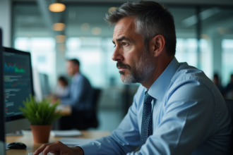 Homme d affaires en bureau moderne regardant l écran