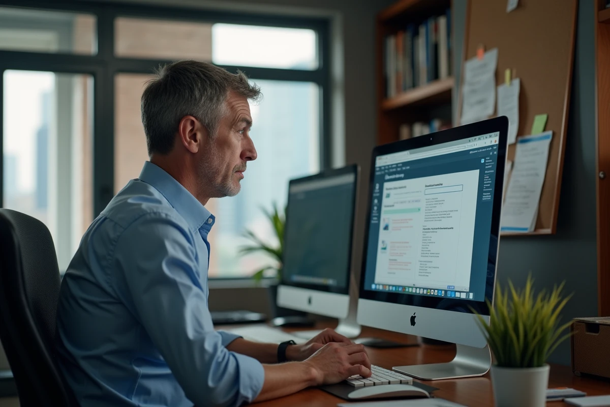 Homme au bureau utilise un ordinateur portable