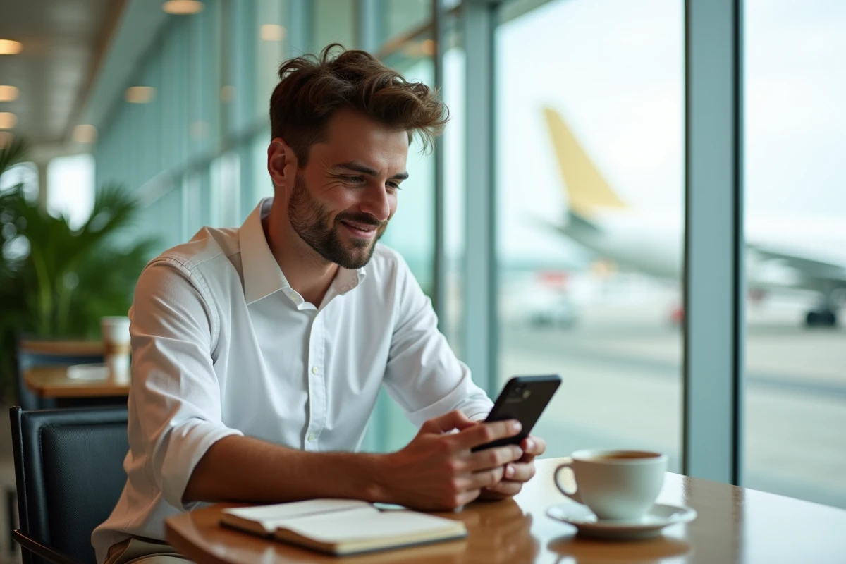 Jeune homme au café dans un aéroport tropical moderne