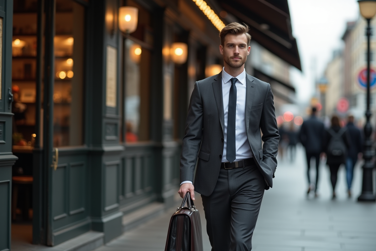 Homme en costume dans une rue de ville animée