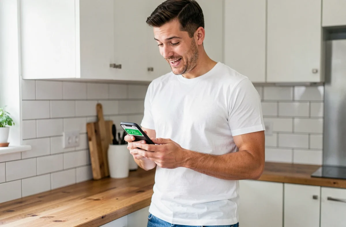 Homme consultant une confirmation de cashback sur smartphone dans une cuisine moderne