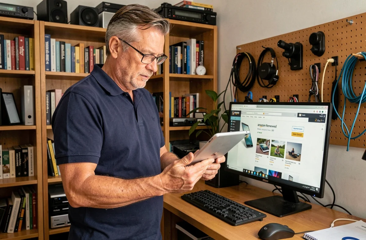 Homme comparant une tablette reconditionnée avec une fiche produit Amazon Renewed sur son écran d'ordinateur dans un bureau à domicile