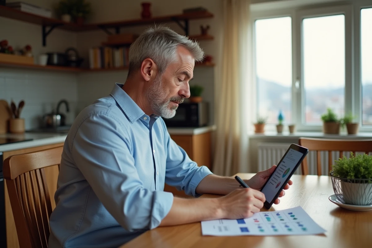 Homme à la maison utilise une tablette et un document de traduction