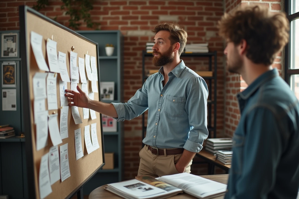 Homme avec barbe discutant devant un tableau d
