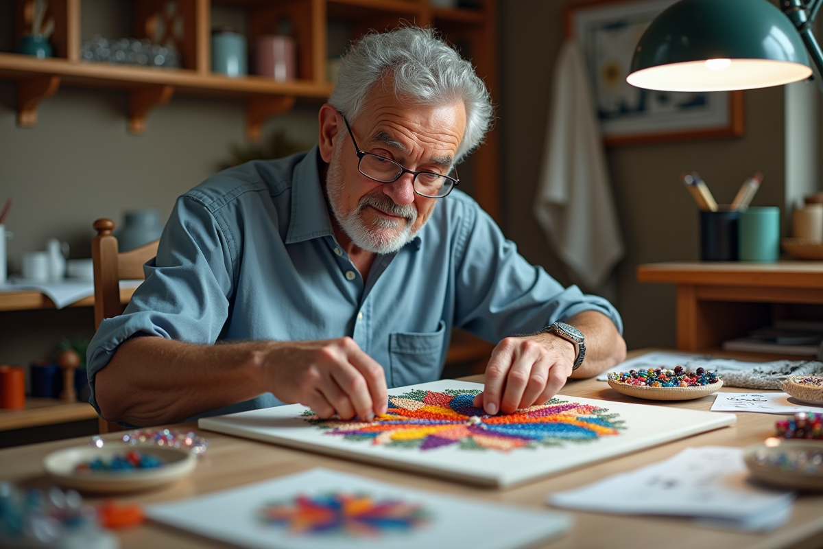 Homme âgé triant des perles de diamants dans un atelier créatif