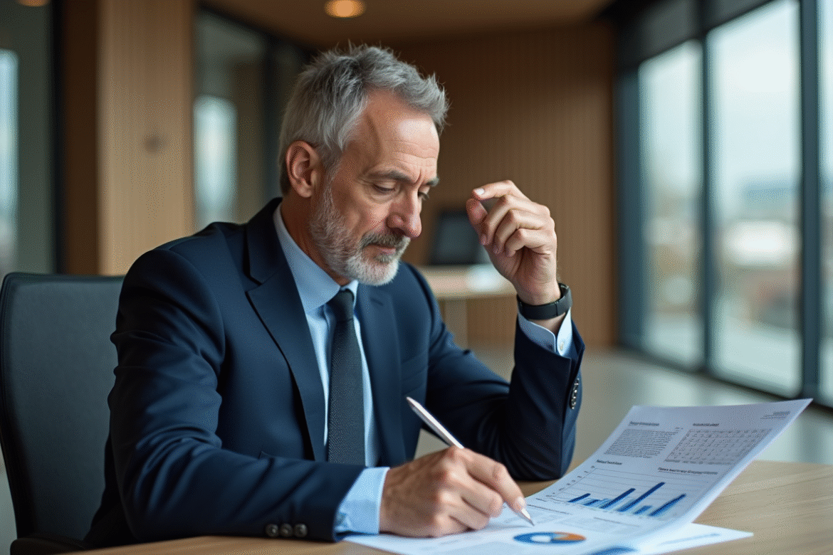 Homme d'affaires en costume bleu étudiant un rapport financier