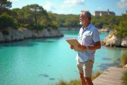 Homme français au bord d'une lagune turquoise avec documents