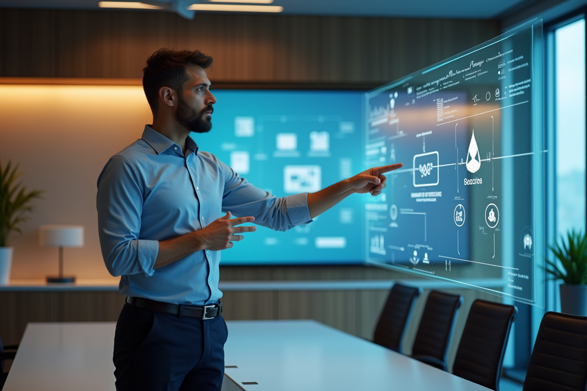 Homme d affaires pointant un tableau blanc digital en réunion