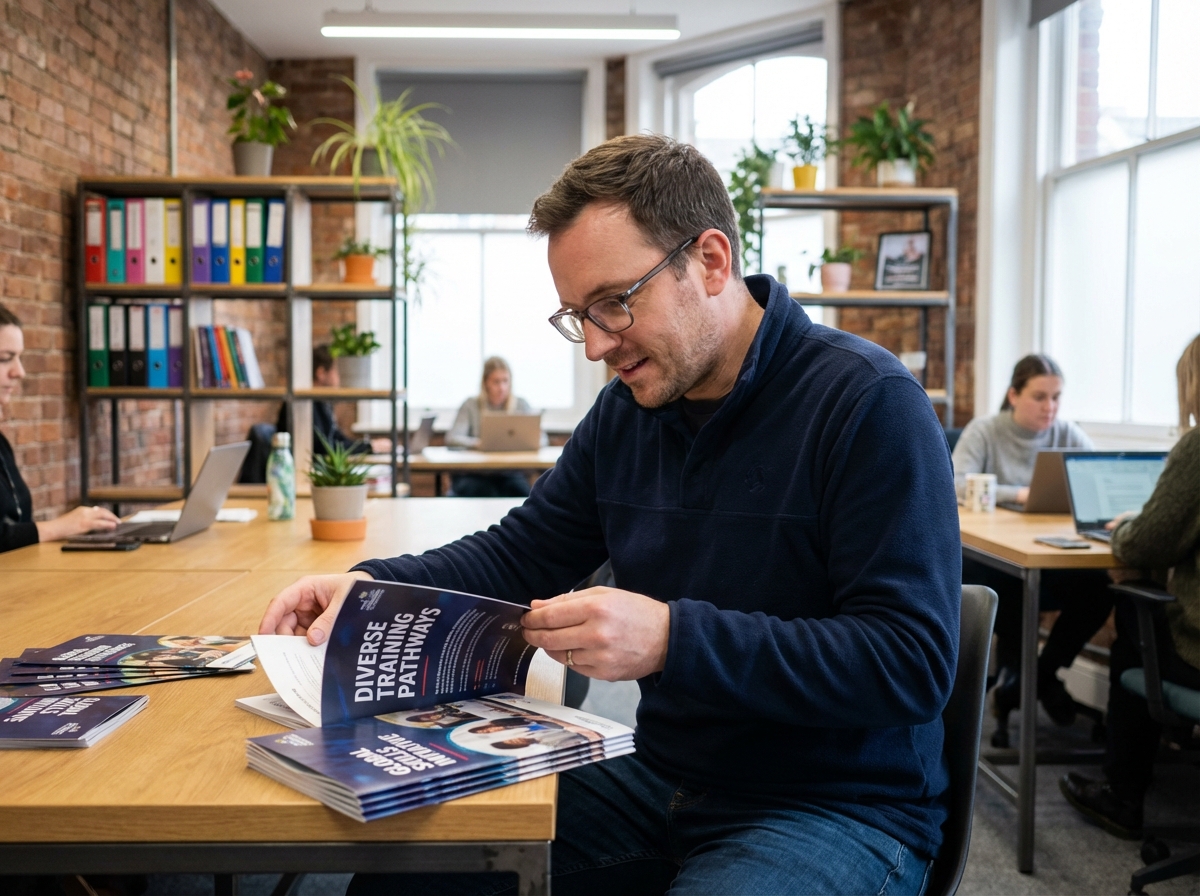 Homme lisant des brochures dans un espace coworking