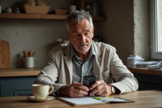 Homme d'âge moyen examine un paquet de tabac dans une cuisine chaleureuse