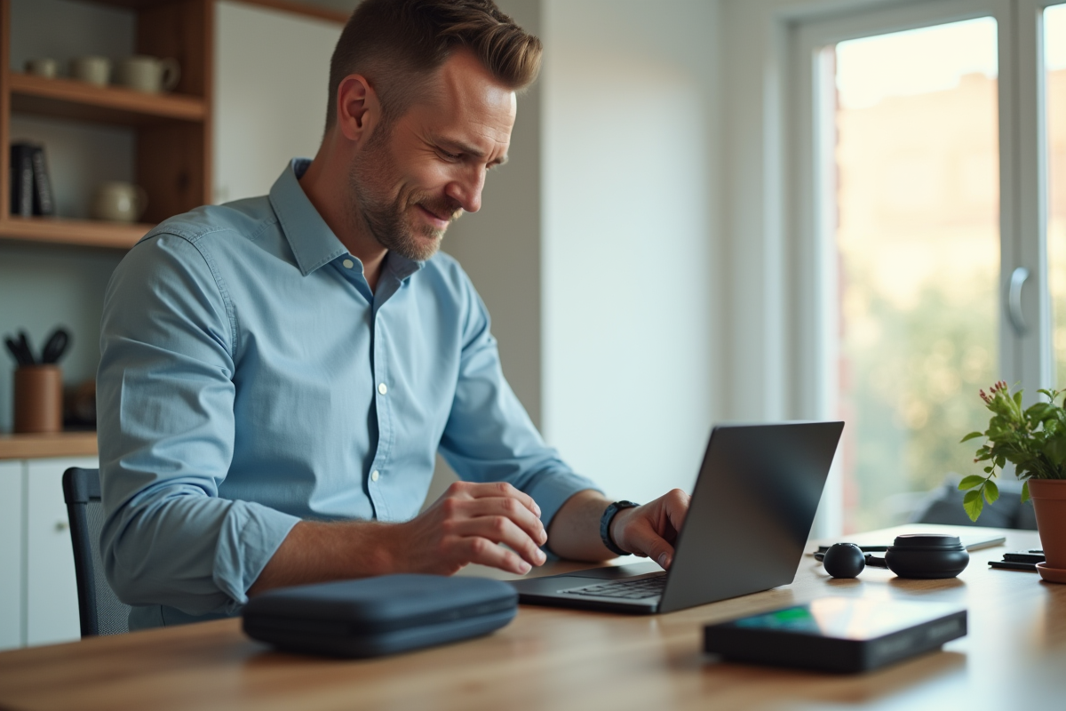 Homme assemblant un kit de travail à domicile dans la cuisine