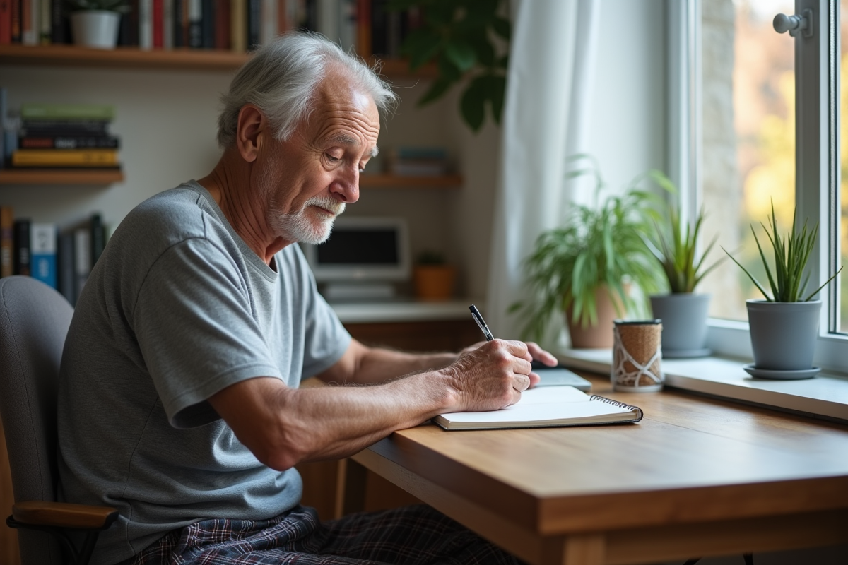 Homme écrivant dans un journal de sommeil à son bureau