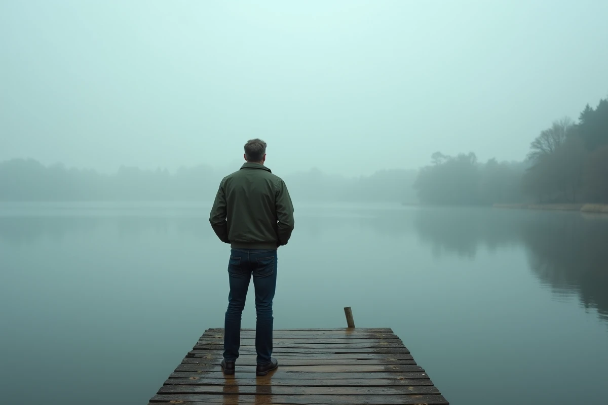 Homme debout au bord d'un ponton face à un lac brumeux, symbolisant la réflexion profonde et le questionnement avant de prendre une nouvelle direction de vie